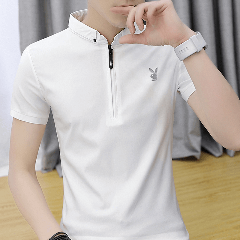 花花公子（PLAYBOY）短袖T恤男2023夏季冰絲T恤男士立領休閒POLO打底衫上衣純色衣服