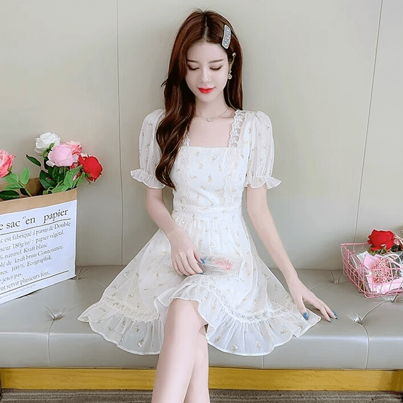 皮爾卡丹（pierre cardin）雪紡碎花連衣裙女裝夏裝2023年新款小個子初戀短裙氣質收腰仙女裙 杏色 M-95-105斤
