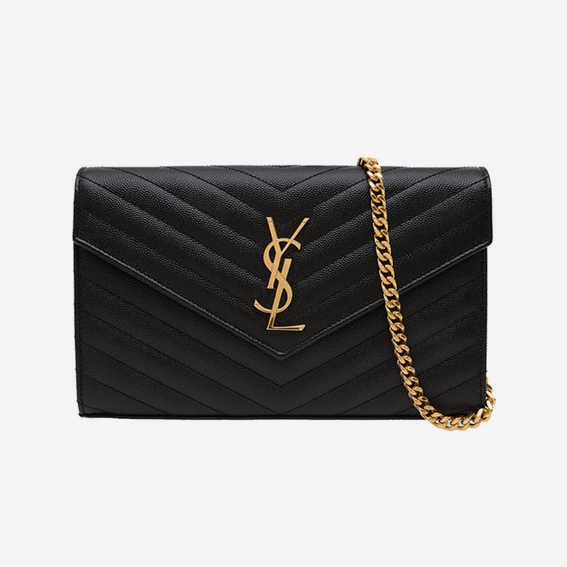 Yves Saint LaurentYSL聖羅蘭楊樹林女包Monogram信封woc黑色魚子醬鏈條包單肩斜挎包 金扣金鍊中號22.5*14*4 現貨